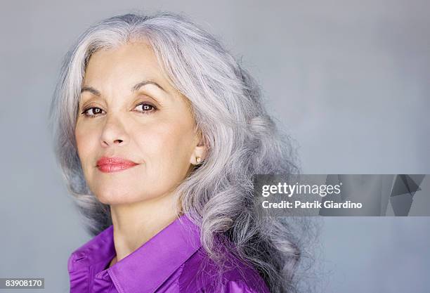 portrait of mature woman - grey hair close up stock pictures, royalty-free photos & images