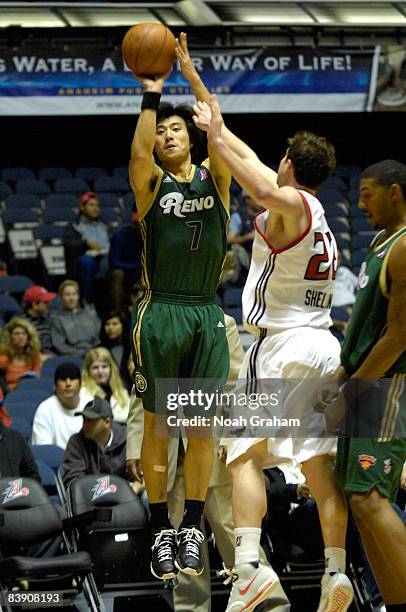 Sung-Yoon Bang of the Reno Bighorns puts up a shot against the Anaheim Arsenal during a D-League game at the Anaheim Convention Center on December 3,...