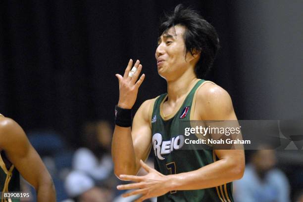 Sung-Yoon Bang of the Reno Bighorns celebrates after a three pointer against the Anaheim Arsenal during a D-League game at the Anaheim Convention...