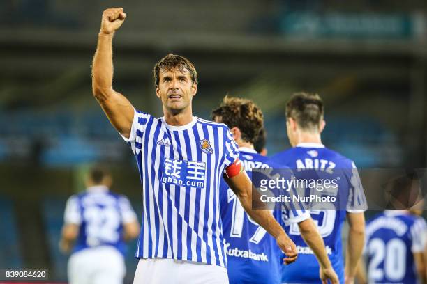 Xabi Prieto celebrates his goal after scoring during the Spanish league football match between Real Sociedad and Vila-Real at the Anoeta Stadium in...