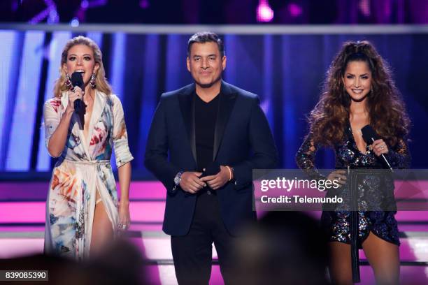 Show" -- Pictured: Fernanda Castillo, Daniel Sarcos, and Carmen Villalobos on stage during the 2017 Premios Tu Mundo at the American Airlines Arena...