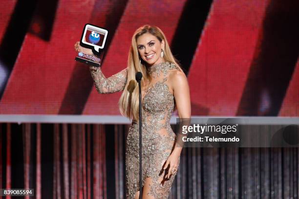 Show" -- Pictured: Aracely Arámbula on stage during the 2017 Premios Tu Mundo at the American Airlines Arena in Miami, Florida on August 24, 2017 --