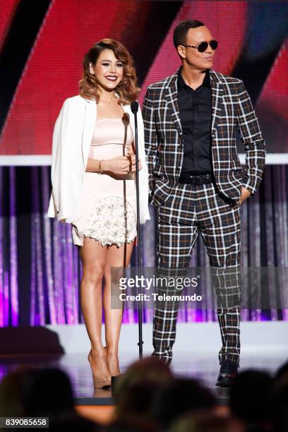 Show" -- Pictured: Danna Paola & Alexis Valdes on stage during the 2017 Premios Tu Mundo at the American Airlines Arena in Miami, Florida on August...