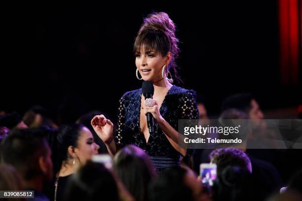 Show" -- Pictured: Carmen Villalobos on stage during the 2017 Premios Tu Mundo at the American Airlines Arena in Miami, Florida on August 24, 2017 --