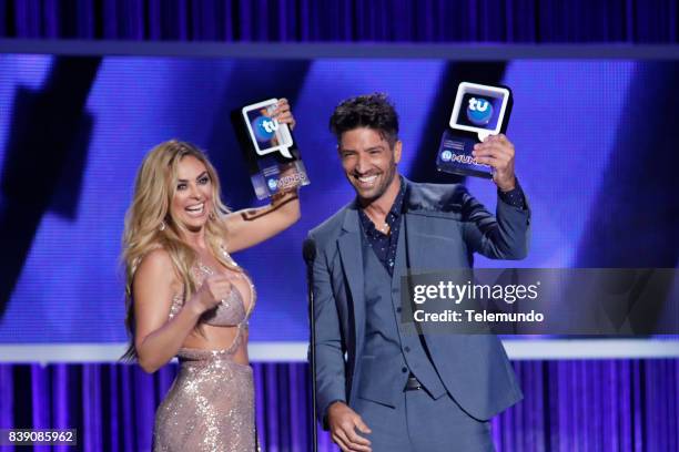Show" -- Pictured: Aracely Arámbula and David Chocarro on stage during the 2017 Premios Tu Mundo at the American Airlines Arena in Miami, Florida on...