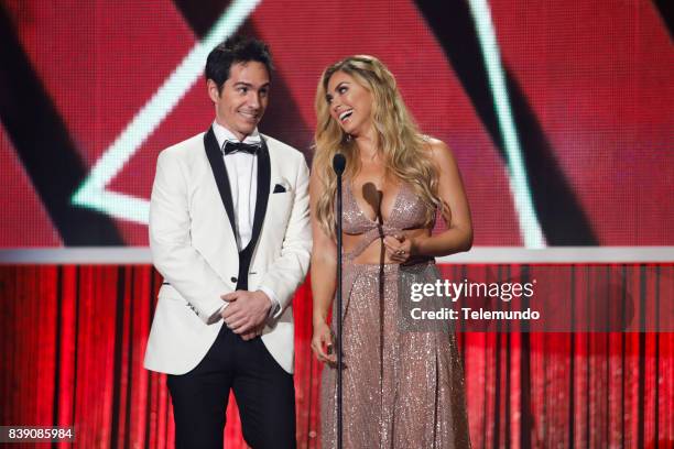 Show" -- Pictured: Mauricio Ochmann and Aracely Arambula on stage during the 2017 Premios Tu Mundo at the American Airlines Arena in Miami, Florida...