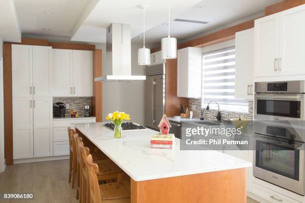Newscaster Harris Faulkner's home is photographed for Closer Weekly Magazine on March 22, 2017 in northern New Jersey. Kitchen, lengthy island that...