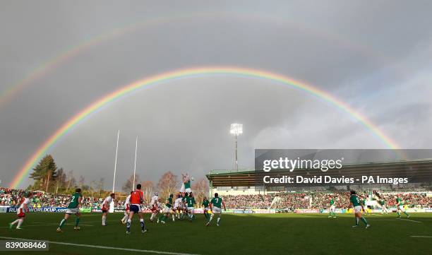 Double Rainbow appears over the Rotoura International Stadium as Ireland win a Line-Out