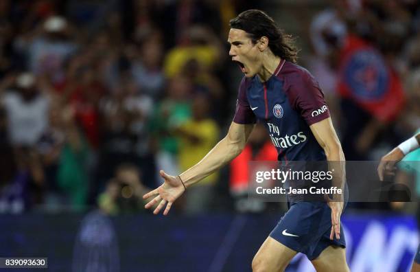 Edinson Cavani of PSG celebrates his first goal during the French Ligue 1 match between Paris Saint Germain and AS Saint-Etienne at Parc des Princes...