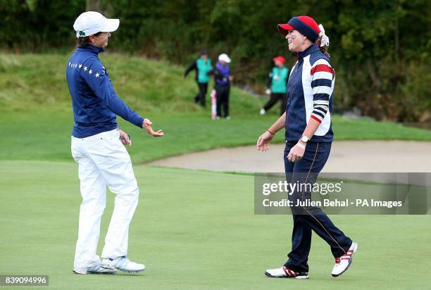 Europe's Catriona Matthew wins her singles match against USA's Paula Creamer on the 13th during day three of the 2011 Solheim Cup at Killeen Castle,...