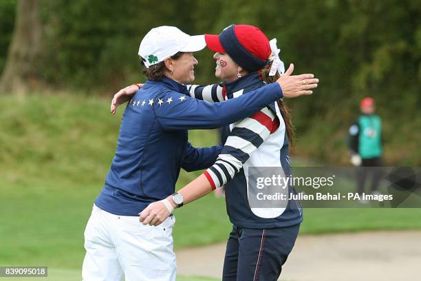 Europe's Catriona Matthew wins her singles match against USA's Paula Creamer on the 13th during day three of the 2011 Solheim Cup at Killeen Castle,...