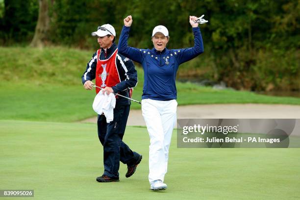 Europe's Catriona Matthew wins her singles match against USA's Paula Creamer on the 13th during day three of the 2011 Solheim Cup at Killeen Castle,...