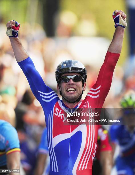 Great Britain's Mark Cavendish celebrates his victory in the Men's Road Race during Day Seven of the UCI Road Race World Championships, Copenhagen.