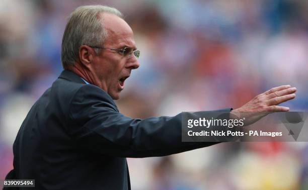 Leicester City's manager Sven Goran Eriksson shouts to his players during the npower Football League Championship match at Cardiff City Stadium,...