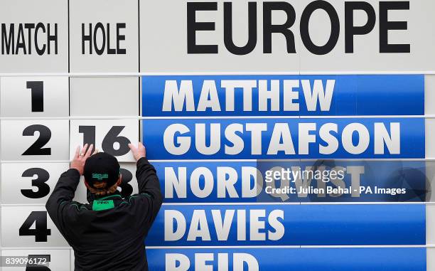 The scoreboard is updated during day three of the 2011 Solheim Cup at Killeen Castle, County Meath, Ireland.