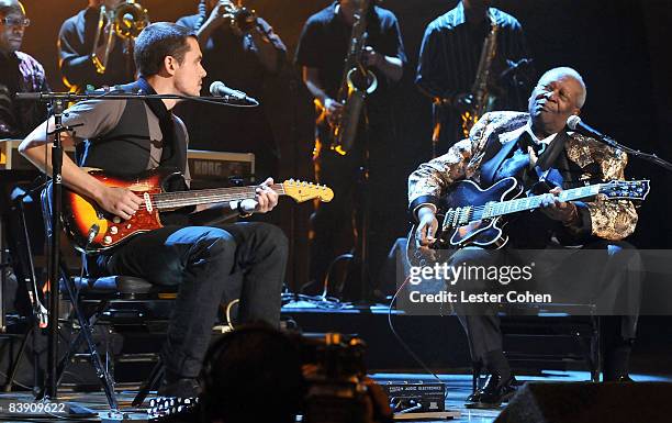 Musicians John Mayer and B.B. King perform during The GRAMMY Nominations Concert Live!! held at the Nokia Theatre on December 3, 2008 in Los Angeles,...
