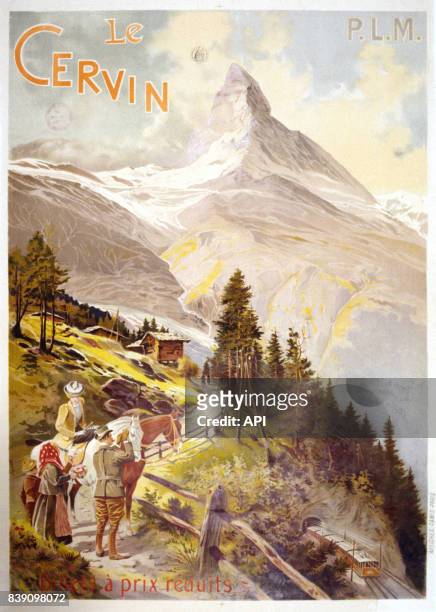 Affiche publicitaire pour un voyage dans les Alpes, sur le mont Cervin.