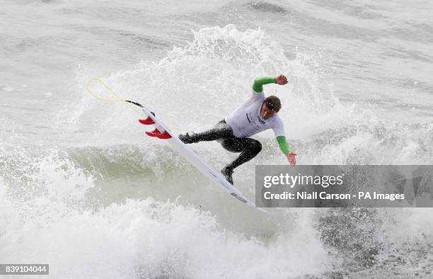 England's Alan Stokes takes part in the men's final of the Open Surf catergory the European Surfing Championships being held in Bundoran in County...