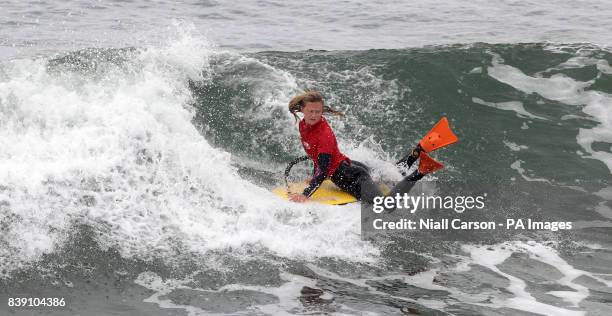 Ireland's Ashleigh Smith competes in the womens Body Board final the European Surfing Championships being held in Bundoran in County Donegal, Ireland.