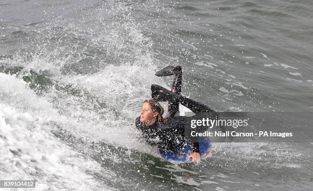 Wales' Gemma Harris competes in the women's Body Board final the European Surfing Championships being held in Bundoran in County Donegal, Ireland.