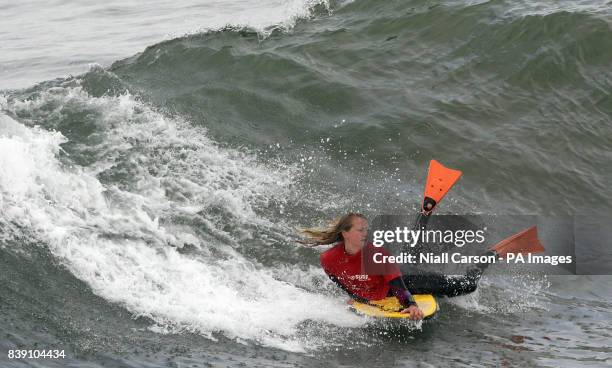 Ireland's Ashleigh Smith competes in the women's Body Board final the European Surfing Championships being held in Bundoran in County Donegal,...
