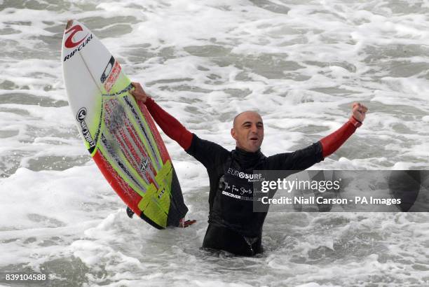 Spain's Pablo Gutierrez wins the men's final of the Open Surf category the European Surfing Championships being held in Bundoran in County Donegal,...
