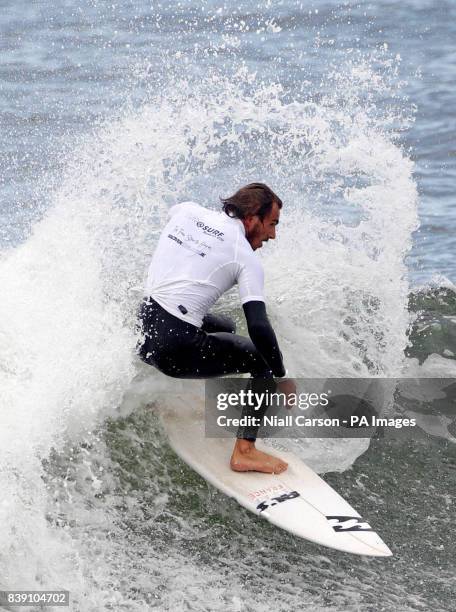 France's Velero Adrien takes part in the mens final of the Open Surf category the European Surfing Championships being held in Bundoran in County...
