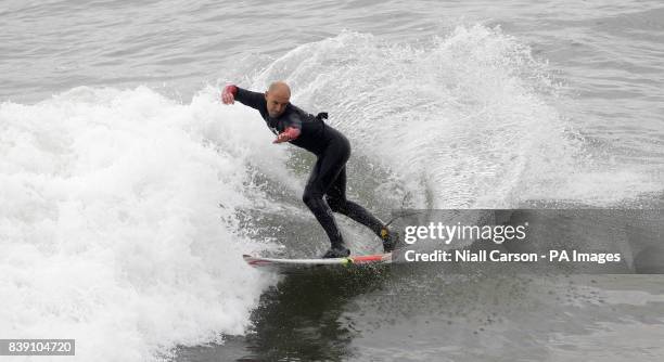 Spain's Pablo Gutierrez wins the mens final of the Open Surf category the European Surfing Championships being held in Bundoran in County Donegal,...