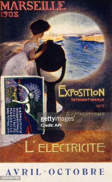Affiche publicitaire de l'Exposition nationale des applications de l'électricité à Marseille, en 1908.