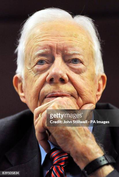 Former US President Jimmy Carter talks to the media during a press conference on the worldwide eradication of the water borne Guinea Worm disease...