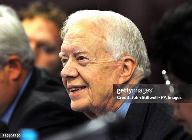 Former US President Jimmy Carter talks to the media during a press conference on the worldwide eradication of the water borne Guinea Worm disease...