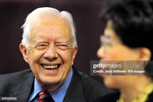 Former US President Jimmy Carter and Director General of the World Health Organization Margaret Chan during a press conference on the worldwide...