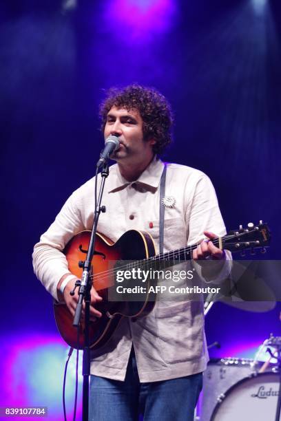 Singer Miles Michaud performs on stage with his band Allah-Las on August 25, 2017 during the Rock en Seine music festival in Saint-Cloud, western...