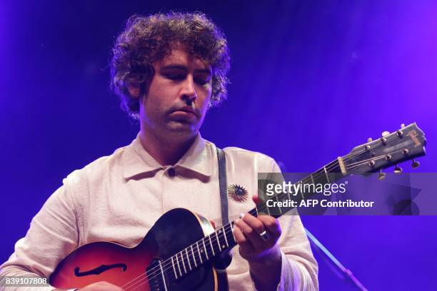 Singer Miles Michaud performs on stage with his band Allah-Las on August 25, 2017 during the Rock en Seine music festival in Saint-Cloud, western...
