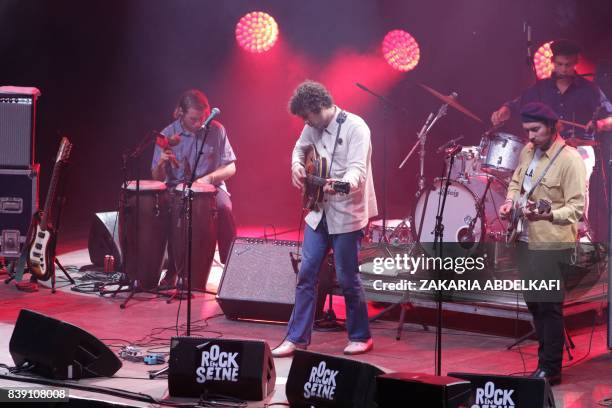 Singer Miles Michaud performs on stage with his band Allah-Las on August 25, 2017 during the Rock en Seine music festival in Saint-Cloud, western...