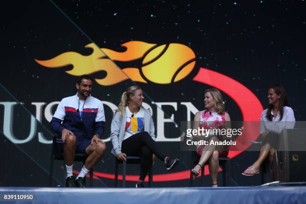 Marin Cilic , Angelique Kerber , Chris McKendry and Mary Joe Fernandez attend the US Open Draw Ceremony at the Seaport District during US Open Fan...