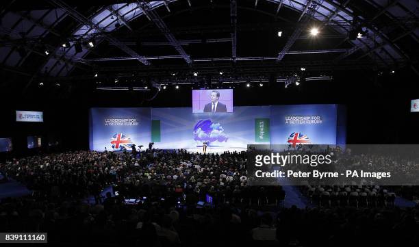 Prime Minister David Cameron delivers his keynote speech to the Conservative Party Conference at the Manchester Central, Manchester.