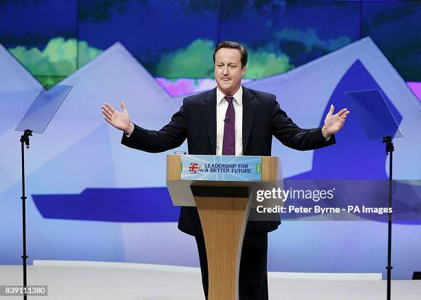 Prime Minister David Cameron delivers his keynote speech to the Conservative Party Conference at the Manchester Central, Manchester.