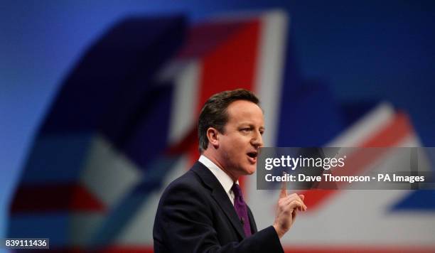 Prime Minister David Cameron delivers his keynote speech on the final day of the Conservative Party Conference at Manchester Central, Manchester.