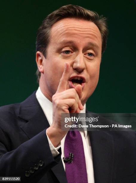 Prime Minister David Cameron delivers his keynote speech on the final day of the Conservative Party Conference at Manchester Central, Manchester.