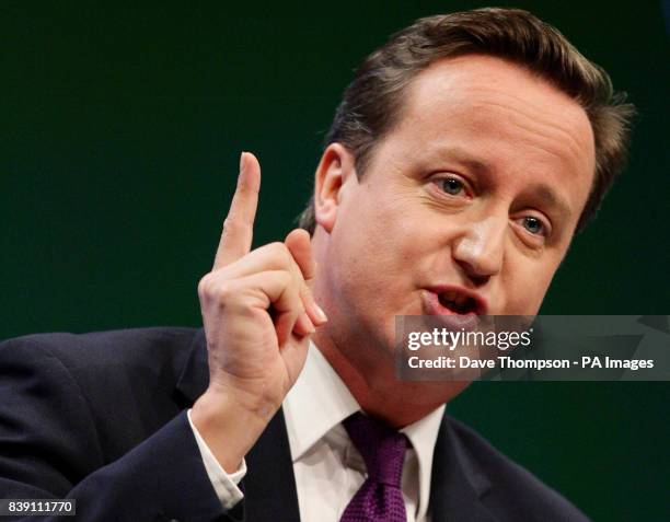 Prime Minister David Cameron delivers his keynote speech to the Conservative Party Conference at the Manchester Central, Manchester.