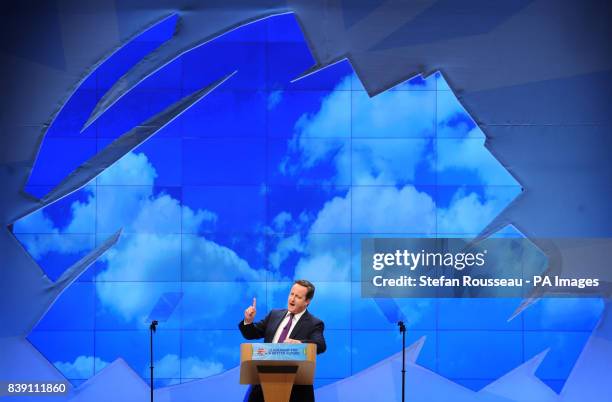 Prime Minister David Cameron delivers his keynote speech on the final day of the Conservative Party Conference at Manchester Central, Manchester.