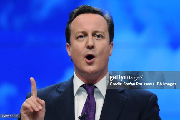 Prime Minister David Cameron delivers his keynote speech on the final day of the Conservative Party Conference at Manchester Central, Manchester.