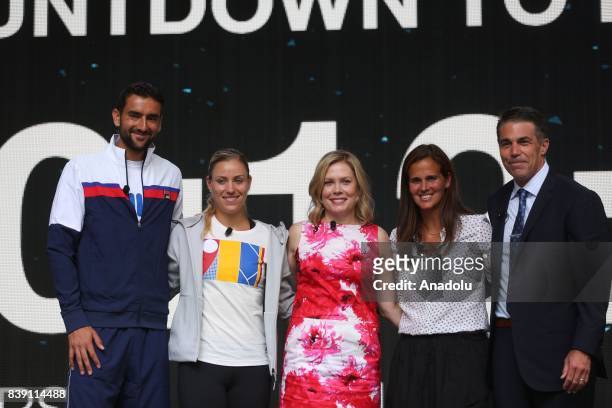 Marin Cilic , Angelique Kerber , Chris McKendry , Mary Joe Fernandez and Chris Fowler pose for a photo during the US Open Draw Ceremony at the...