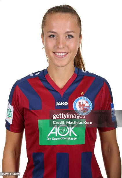 Lia Waelti of Turbine Potsdam poses during the Allianz Frauen Bundesliga Club Tour at stadium Luftschiffhafen on August 24, 2017 in Potsdam, Germany.