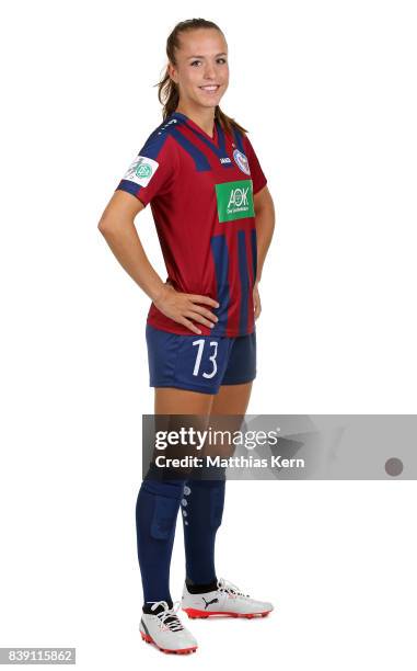 Lia Waelti of Turbine Potsdam poses during the Allianz Frauen Bundesliga Club Tour at stadium Luftschiffhafen on August 24, 2017 in Potsdam, Germany.