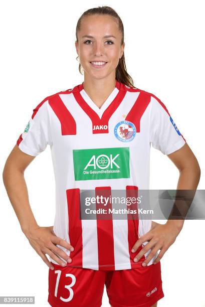 Lia Waelti of Turbine Potsdam poses during the Allianz Frauen Bundesliga Club Tour at stadium Luftschiffhafen on August 24, 2017 in Potsdam, Germany.