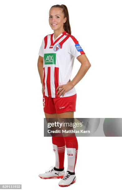 Lia Waelti of Turbine Potsdam poses during the Allianz Frauen Bundesliga Club Tour at stadium Luftschiffhafen on August 24, 2017 in Potsdam, Germany.