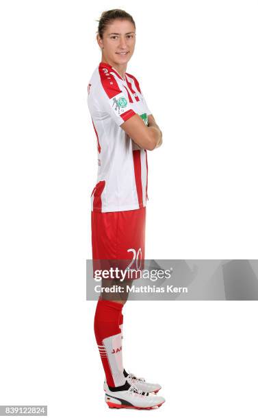 Bianca Schmidt of Turbine Potsdam poses during the Allianz Frauen Bundesliga Club Tour at stadium Luftschiffhafen on August 24, 2017 in Potsdam,...