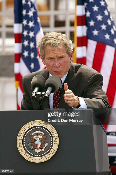 President George W. Bush speaks to an audience of federal, state, and local law enforcement, fire, EMS, and public workers June 24, 2002 in Port...